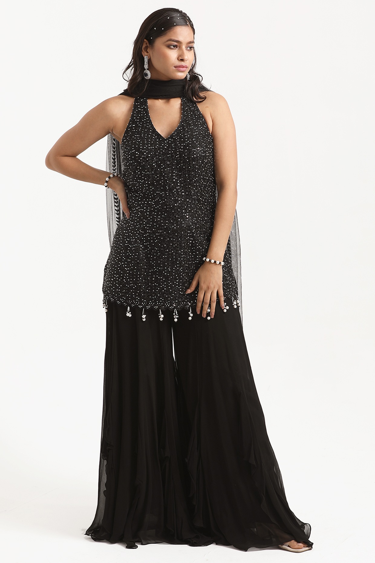Black Partywear Embroidered Georgette Sharara Suit